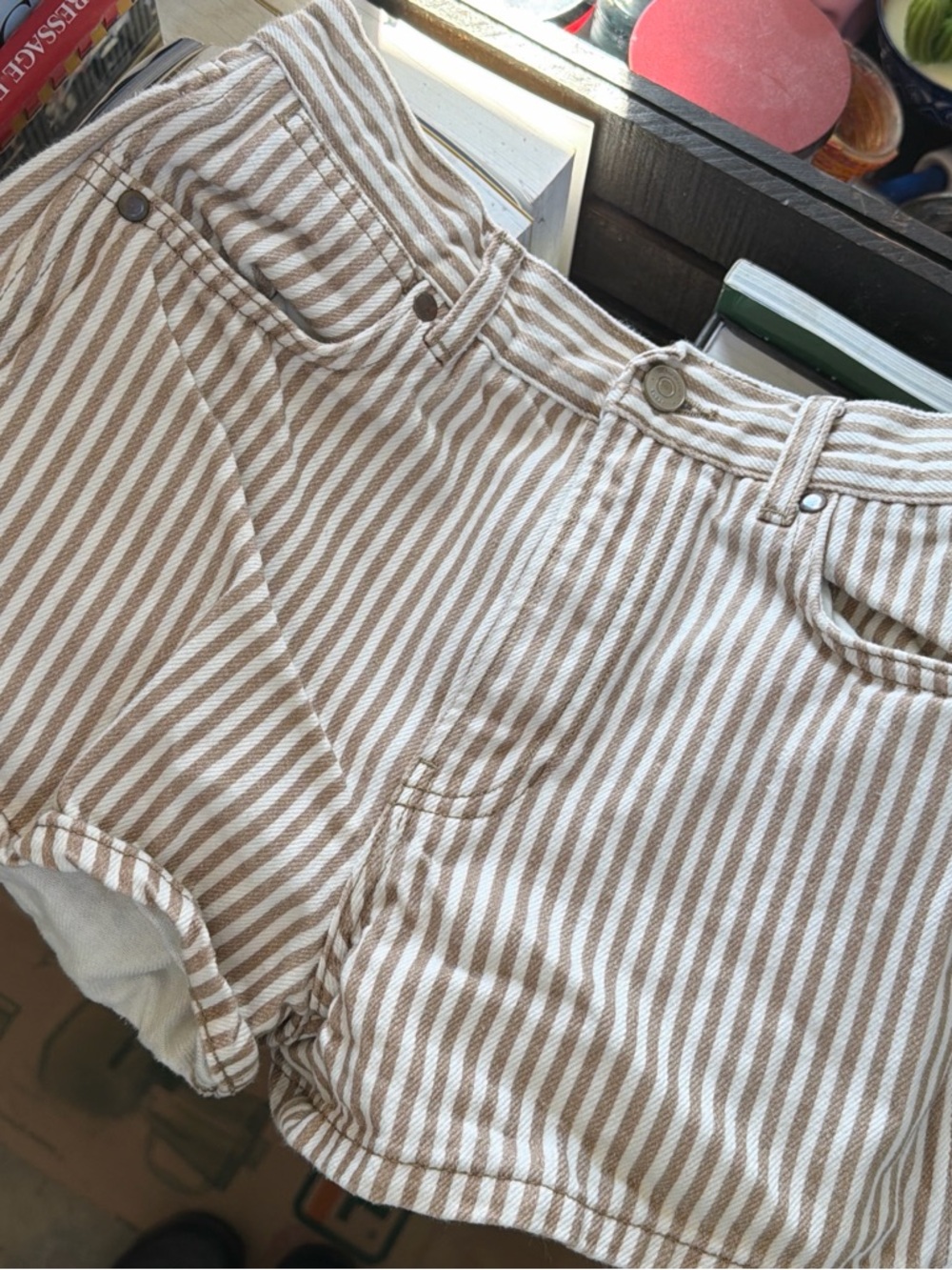Reformation Striped Tan and White Jean Shorts